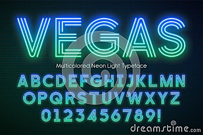 Neon light alphabet, multicolored extra glowing font Vector Illustration