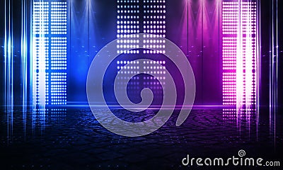 Neon light. Background of empty show scene. Empty dark modern abstract neon background. Stock Photo