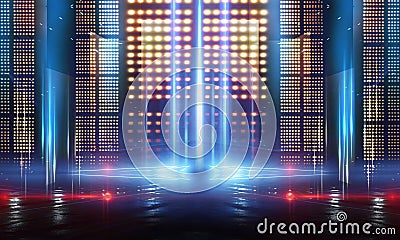 Neon light. Background of empty show scene. Empty dark modern abstract neon background. Stock Photo