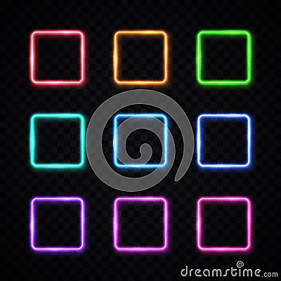 Neon light banners set. Halogen or led lamp square Vector Illustration