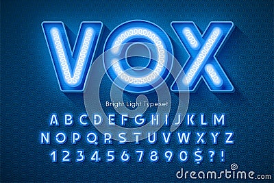 Neon light 3d alphabet, extra glowing modern type. Vector Illustration