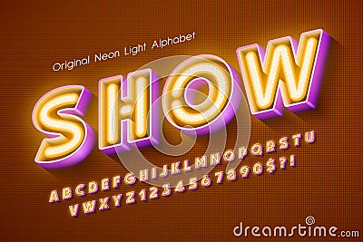 Neon light 3d alphabet, extra glowing modern type. Vector Illustration