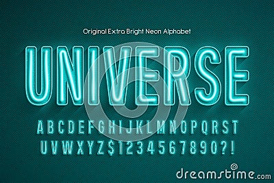Neon light 3d alphabet, retro-futuristic original type. Stock Photo