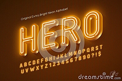 Neon light 3d alphabet, retro-futuristic original type. Swatch color control. Vector Illustration