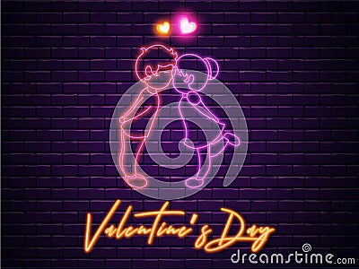 Neon Light Effect Valentine Day Text with Romantic kids Couple on Purple Brick. Stock Photo