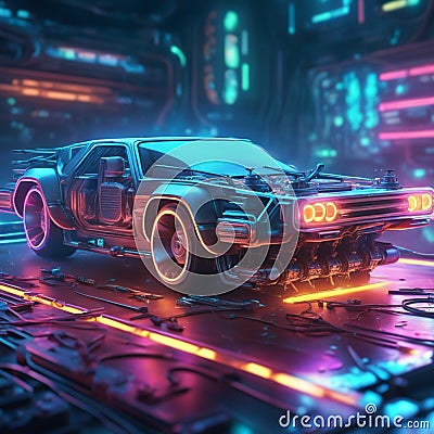 Neon light engine car is a custom car that has been outfitted with neon lights, typically on the undercarriage, wheels, and grille Stock Photo