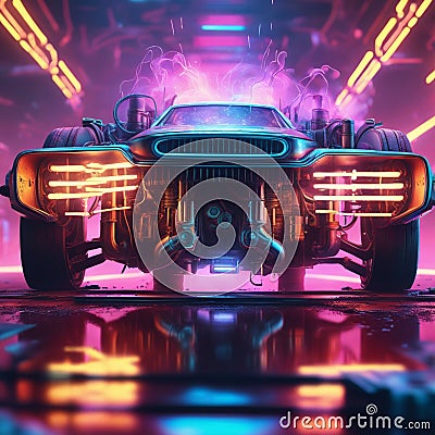 Neon light engine car is a custom car that has been outfitted with neon lights, typically on the undercarriage, wheels, and grille Stock Photo