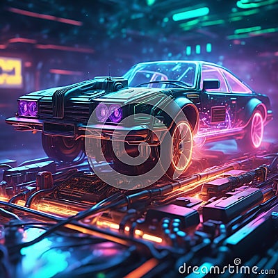 Neon light engine car is a custom car that has been outfitted with neon lights, typically on the undercarriage, wheels, and grille Stock Photo