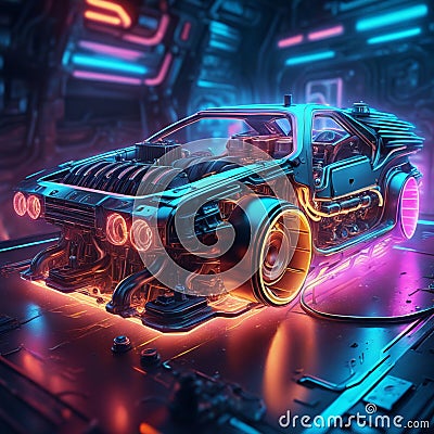 Neon light engine car is a custom car that has been outfitted with neon lights, typically on the undercarriage, wheels, and grille Stock Photo