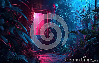 neon light and flowers with doors and plants Stock Photo