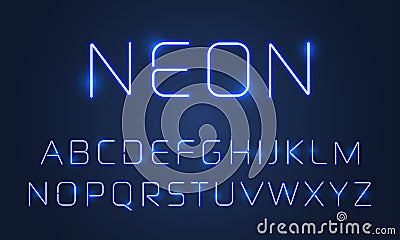 Neon light font alphabet letters set. Vector blue ultraviolet neon alphabet font with light tube lamps effect Vector Illustration