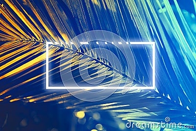 Neon light frame glowing between palm leaves. Duotone Stock Photo