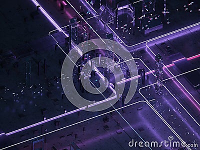 Neon light Futuristic city isometric view.Data base. Big data. Coding Cartoon Illustration