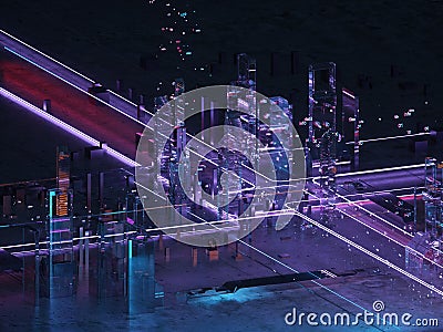 Neon light Futuristic city isometric view.Data base. Big data. Coding Cartoon Illustration