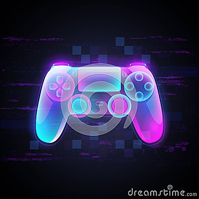 Neon light gamepad on black background Cartoon Illustration