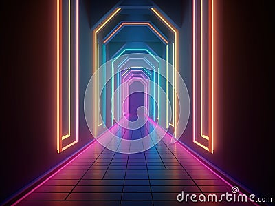 Neon light hallway with fluorescent colors. Stock Photo