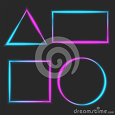 Neon light linear blank frame blue pink line glow, square, rectangular, triangular, round shape border mockup Vector Illustration