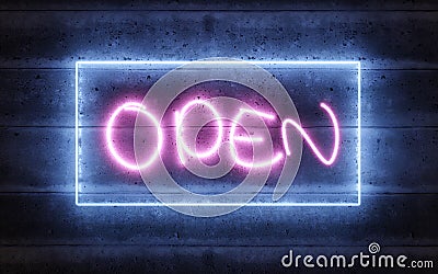 neon light open letters sign night club store shop opening hours concept 3d render illustration Cartoon Illustration