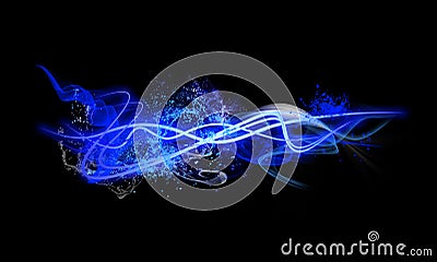 Neon Light Shape with Splash of Realistic Glowing Particles and Waves of Bright Lines Stock Photo