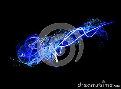 Neon Light Shape with Splash of Realistic Glowing Particles and Waves of Bright Lines Stock Photo