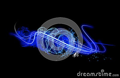 Neon Light Shape with Splash of Realistic Glowing Particles and Waves of Bright Lines Stock Photo