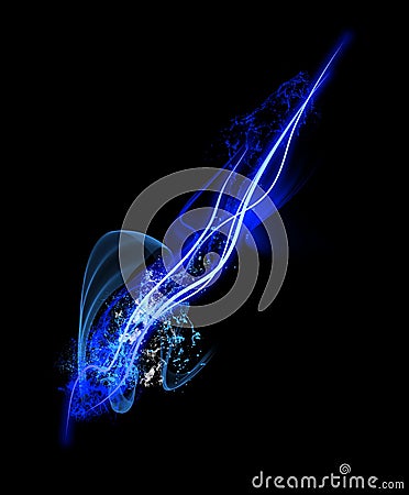 Neon Light Shape with Splash of Realistic Glowing Particles and Waves of Bright Lines Stock Photo