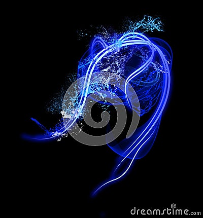 Neon Light Shape with Splash of Realistic Glowing Particles and Waves of Bright Lines Stock Photo