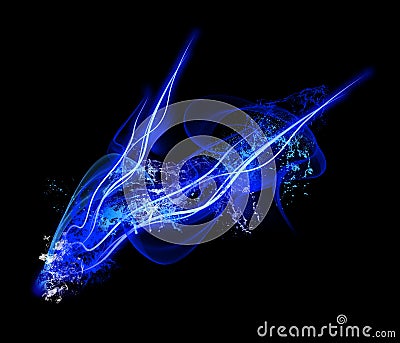 Neon Light Shape with Splash of Realistic Glowing Particles and Waves of Bright Lines Stock Photo