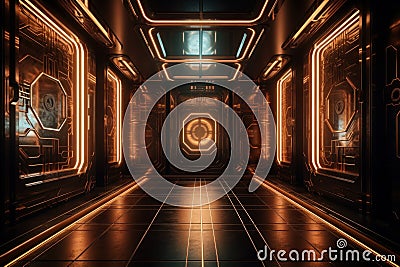 Neon Light shines on Intricate and Unique Award-Winning Interior Design in Bronze and Dark Brow Stock Photo