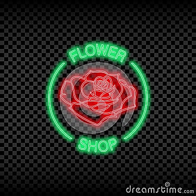 Neon light sign of flower shop. Glowing and shining bright signboard for flower store logo. Vector. Vector Illustration