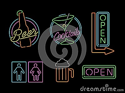 Neon light sign set icon retro bar beer open label Vector Illustration