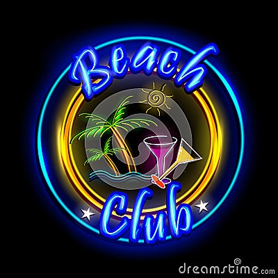 Neon Light signboard for Beach Club Vector Illustration