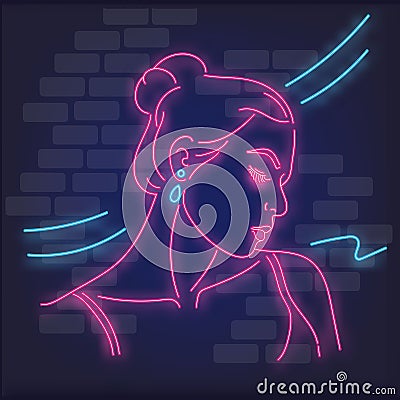 Neon light silhouette of girl. Erotica or Striptease logo. Neon banner for strip club. Adult show. vector illustration Vector Illustration