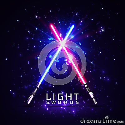 Neon light swords. crossed light, flash and sparkles. Vector Illustration