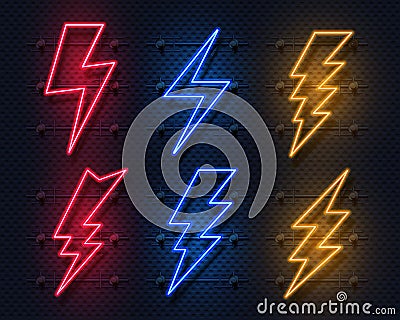 Neon lightning bolt. Glowing electric flash sign, thunderbolt electricity power icons. Vector lightning on black Vector Illustration