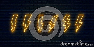 Neon lightning bolt set. Electric discharge neon symbols collection. Thunder and electricity sign Vector Illustration