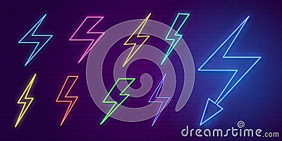 Neon Lightning Icons. Colored arrows and flashes, disco bar or night club emblems. Versus vector signs Vector Illustration