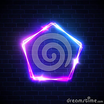 Neon lights background. Pentagon shape sign. Vector Illustration