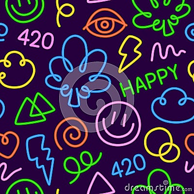 Neon Lights 420 Cartoon Doodle Weed Seamless Vector Pattern for Cannabis Dispensary or Medical Marijuana Products Vector Illustration