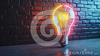 Neon lights illuminating an empty space with a glowing light bulb, room for creativity Stock Photo