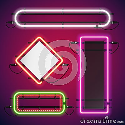 Neon Lights Rectangle Frames Set Vector Illustration