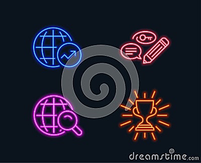 Keywords, World statistics and Internet search icons. Trophy sign. Pencil with key, Global report, Web finder. Vector Illustration