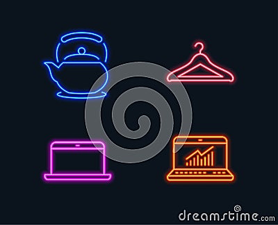 Laptop, Teapot and Cloakroom icons. Online statistics sign. Mobile computer, Tea kettle, Hanger wardrobe. Vector Illustration