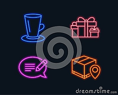 Teacup, Holiday presents and Message icons. Parcel tracking sign. Tea or latte, Gift boxes, Speech bubble. Vector Illustration