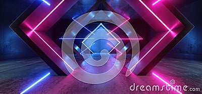 Neon Lights Triangle Sci Fi Glowing Purple Blue Shaped Fluorescent Retro Modern Elegant Alien Spaceship Dark Underground Corridor Stock Photo