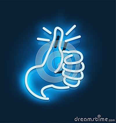 Neon Like symbol.Vector thumb up icon. Vector Illustration