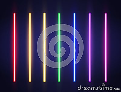 Neon lines set. Rainbow borders. Realistic led neon tube. Color laser beam. Bright design for party, game, web. Shining Vector Illustration