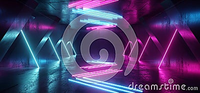 Neon Lines Tube Lights Futuristic Sci Fi Glowing Purple Blue Vibrant Laser Beams Showroom Concrete Dark Empty Background Tunnel Stock Photo