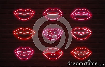 Neon lips signs over brickwall Vector Illustration