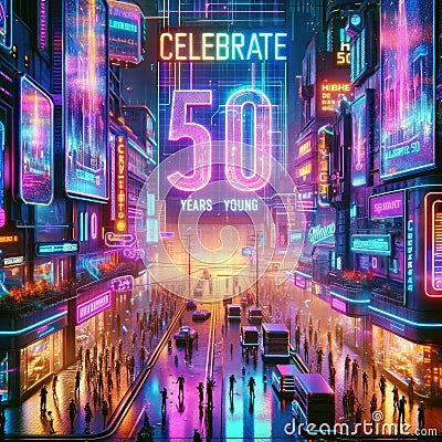 Neon-Lit Cyberpunk City Celebrating 50 Years Young Stock Photo